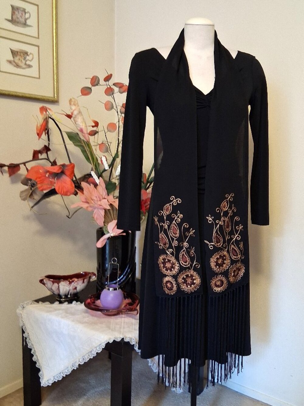 NWOT Vintage Embroidered Long Scarf Wrap Wearable Art Spring Fall Winter Scarves
